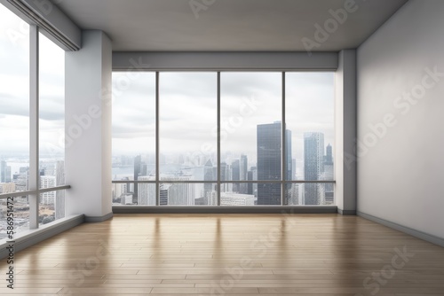 An empty room with gray walls  a wooden floor  and large windows that look out into a contemporary cityscape. Generative AI