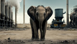 elephant stands watching a petrochemical refinery at sunrise. Generative AI.