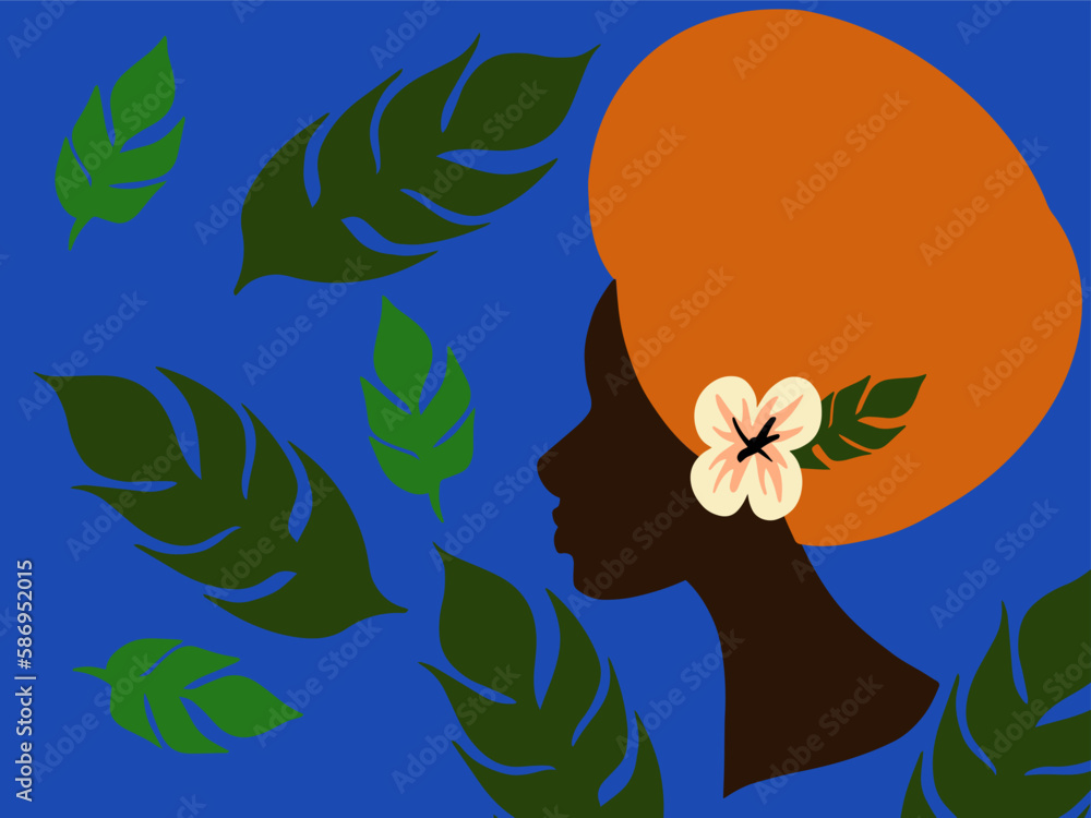 Fototapeta premium Vector portrait of a girl with flowers and leaves in African style