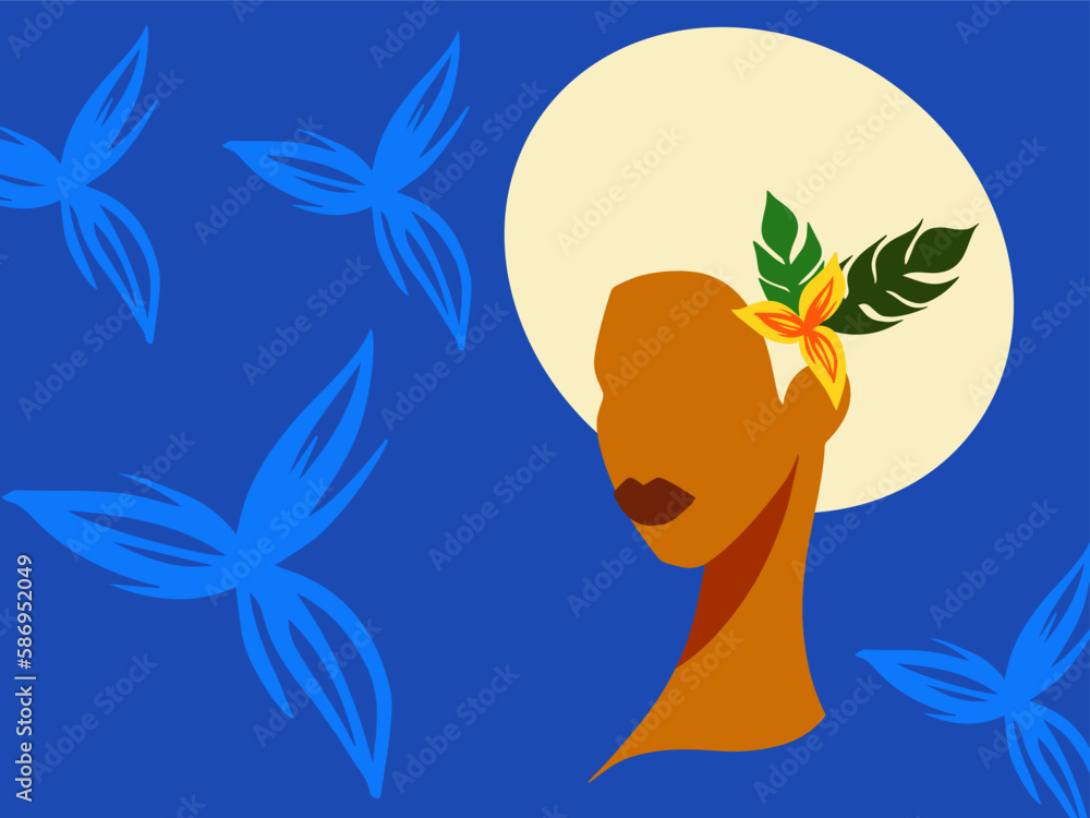 Vector portrait of a girl with flowers and leaves in African style Vector portrait of a girl with flowers and leaves in African style