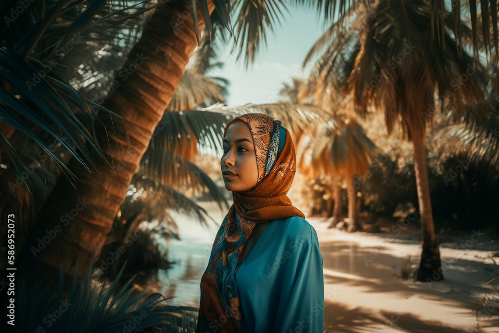 happy muslim woman enjoying freedom on the beach, generative ai