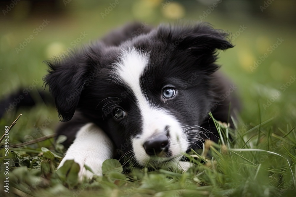 Border Collie! A four week old dog lay down on the grass. Generative AI