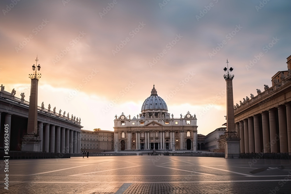 Sunrise over the Saint Peter's Square in Rome. Generative AI.
