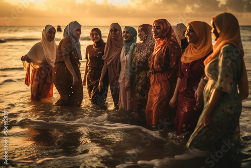 Young females muslim walking along the beach on a summer day, generative ai