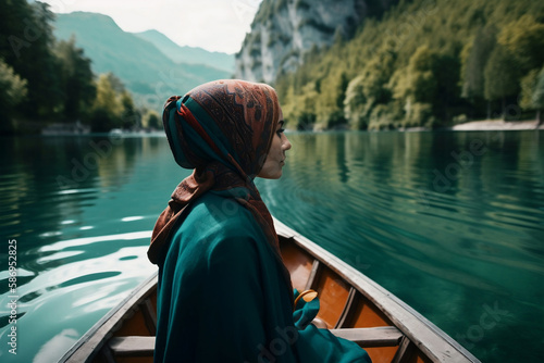 Muslim woman in rowboat looking at lake, generative ai