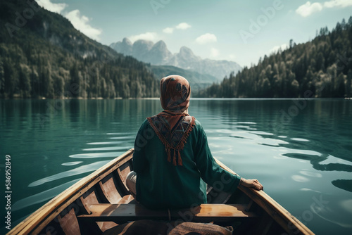 Muslim woman in rowboat looking at lake, generative ai