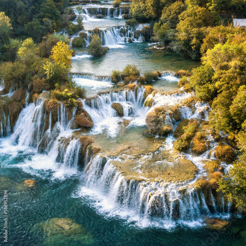 Amazing aerial view of the beautiful waterfall cascade, famous Skradinski buk...