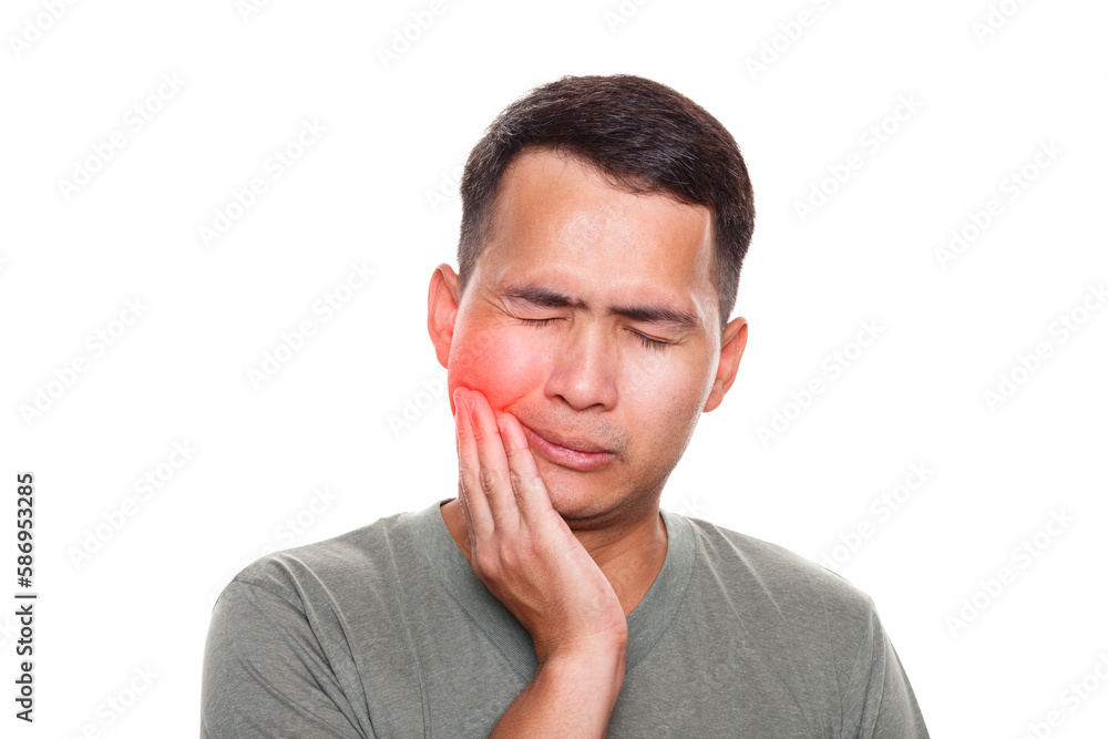 Man suffering from strong toothache. Isolated on white background. Healthcare and health problem concept