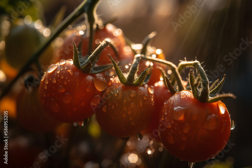 Delicious ripe tomato in the rays of the morning sun and glare from dew. AI Generated