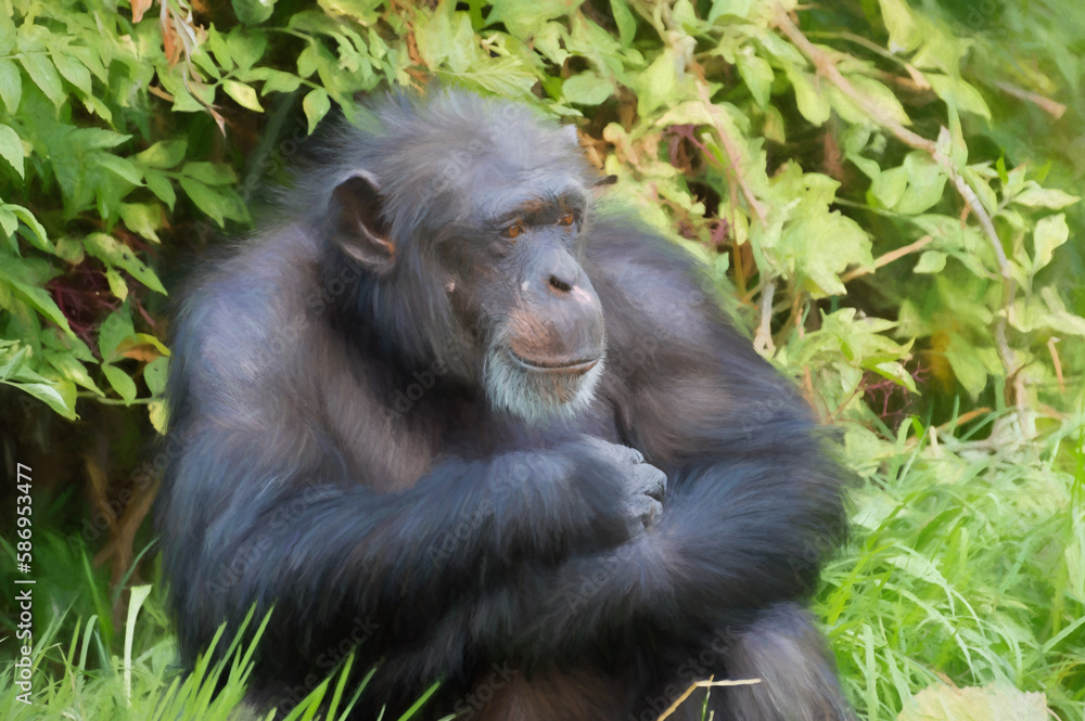 Digital painting of a single isolated Chimpanzee in captivity. Digital painting of a single isolated Chimpanzee in captivity.