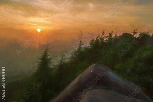 Digital painting of trees, heather and rocks at The Roaches in the Peak District National Park. photo