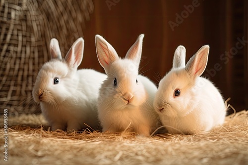 three adorable white rabbits sitting side by side in a field. Generative AI © AkuAku