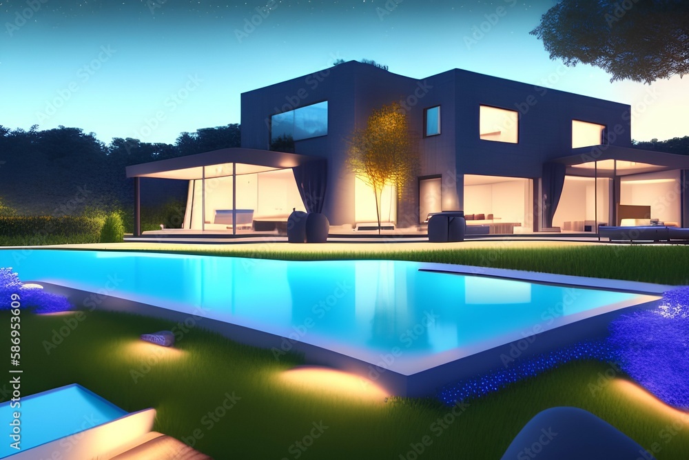 3D view of modern cozy house with pool in luxury style and beautiful landscaping in background. one summer night - generative ai
