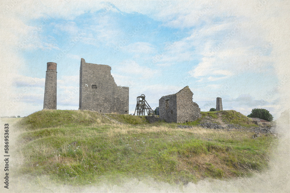 Magpie Mine digital watercolour painting. Abandoned, ruined lead mine in the Peak District National Park.
