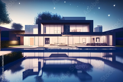3D view of modern cozy house with pool in luxury style and beautiful landscaping in background. one summer night - generative ai  © unalcreative
