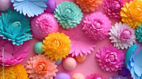 From paper folded flowers in bright colorful pastel colors, Generative AI