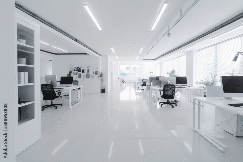 A sleek and modern white and open space office with a spacious and tidy aesthetic. Has minimalist furnishings in a bright and airy atmosphere with large windows and white walls. Generative AI A sleek and modern white and open space office with a spacious and tidy aesthetic. Has minimalist furnishings in a bright and airy atmosphere with large windows and white walls. Generative AI