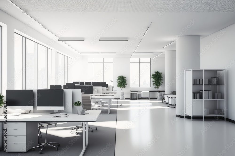 A sleek and modern white and open space office with a spacious and tidy aesthetic. Has minimalist furnishings in a bright and airy atmosphere with large windows and white walls. Generative AI A sleek and modern white and open space office with a spacious and tidy aesthetic. Has minimalist furnishings in a bright and airy atmosphere with large windows and white walls. Generative AI