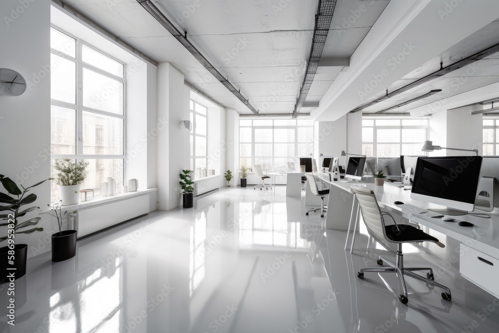 A sleek and modern white and open space office with a spacious and tidy aesthetic. Has