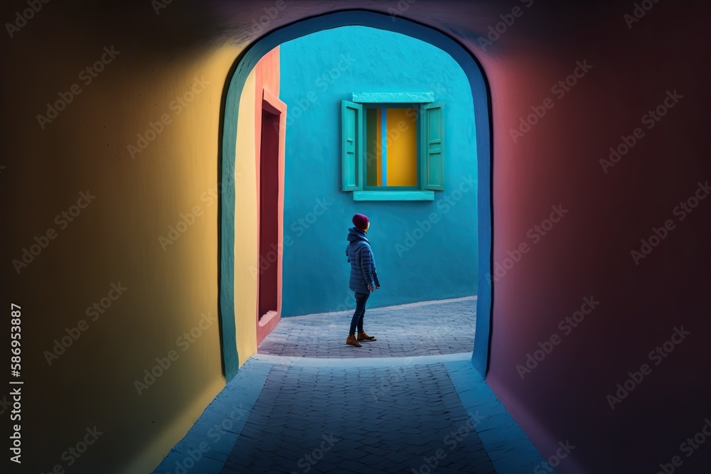 Obraz premium Geometric and colorful walls in the background, in a designer street that combines the modern and the classic. AI generative.