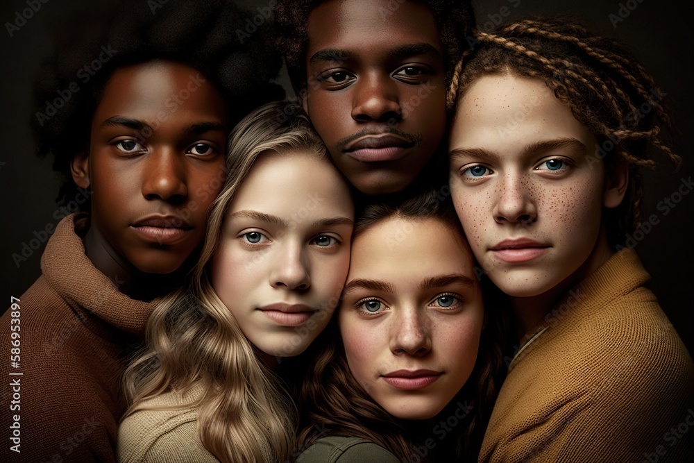 Group portrait of serene embracing multiracial young people. AI generative. Group portrait of serene embracing multiracial young people. AI generative.