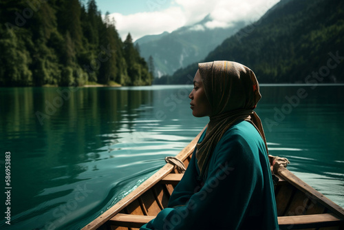 muslim woman alone on boat with nice view, generative ai © jambulart