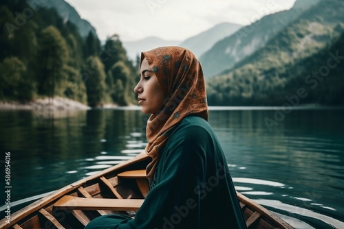 muslim woman alone on boat with nice view, generative ai © jambulart