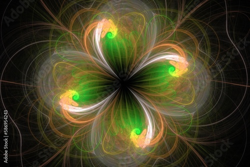 Orange green floral pattern of crooked waves on a black background. Abstract fractal 3D rendering