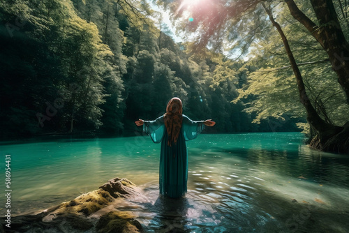 Muslim woman relaxing by the lake, generative ai © jambulart