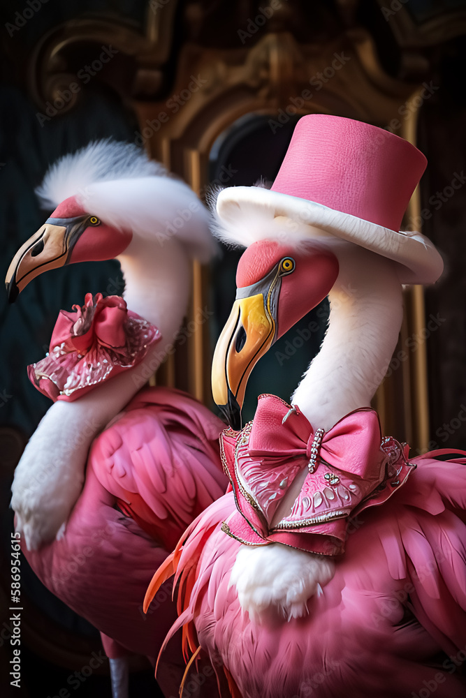 Naklejka premium Flamingo mit Hut und Schleife