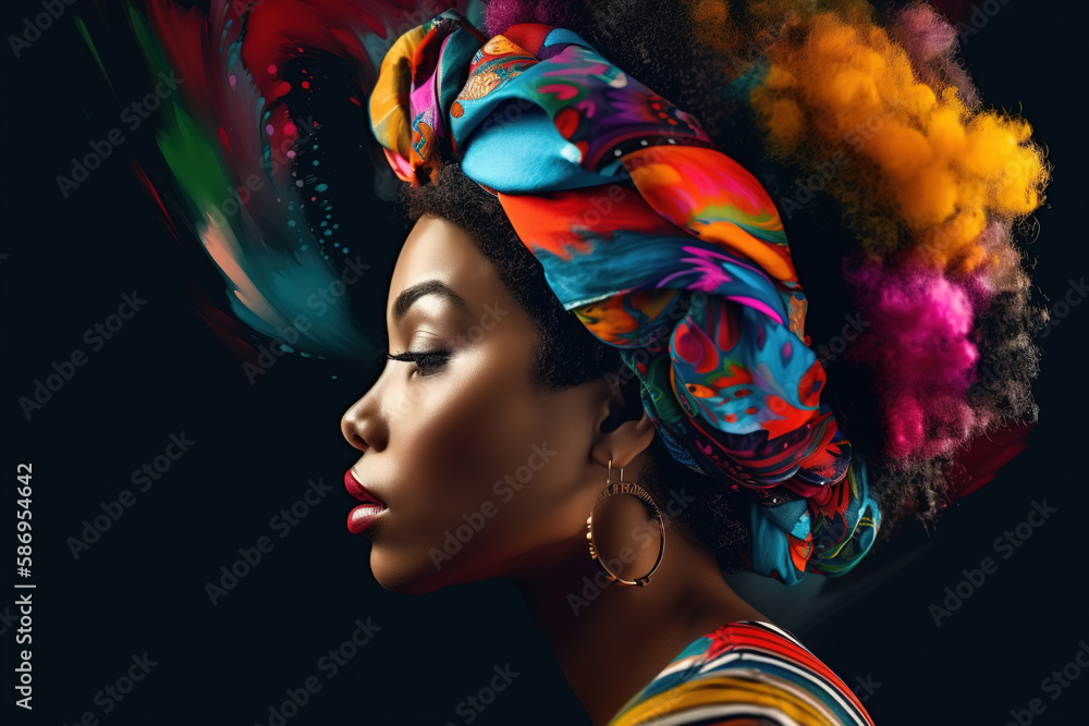 Naklejka premium Femininity, female beauty concept. Porter profile of a black afro woman with bright colors of paint on her hairdo. Generative AI