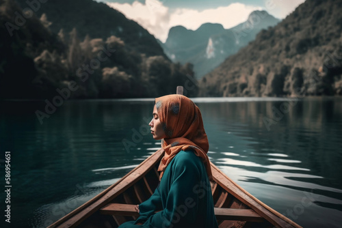 Muslim women get on a boat, with a view of the lake and mountains © jambulart