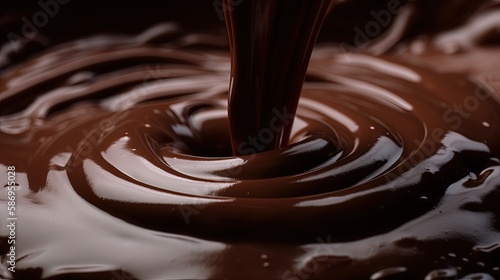 Smooth and Delicious Melted Dark Chocolate Flowing Down. Generative AI.