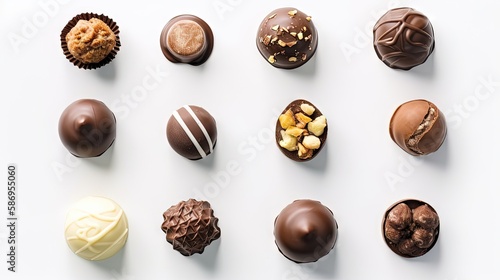 Assorted Chocolate Pralines on White Background. Generative AI.
