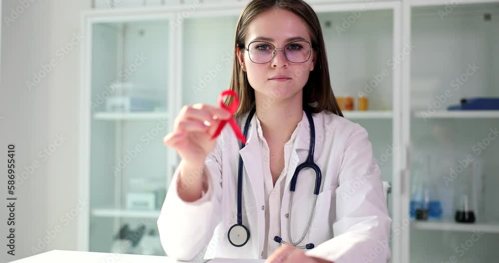 Doctor woman shows red ribbon symbol of World AIDS Day. HIV AIDS causes symptoms and treatment Doctor woman shows red ribbon symbol of World AIDS Day. HIV AIDS causes symptoms and treatment