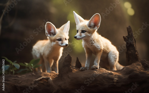 Sunset Watchers: Young Fennec Fox Pair Exploring Dusky Woods Together