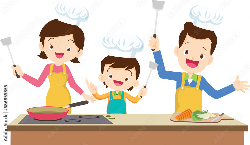 Happy family cooking. Mother and father with kids cook dishes in kitchen Happy family cooking. Mother and father with kids cook dishes in kitchen
