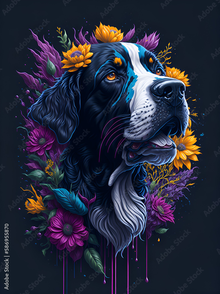 Dog head in flowers splash. AI generated illustration