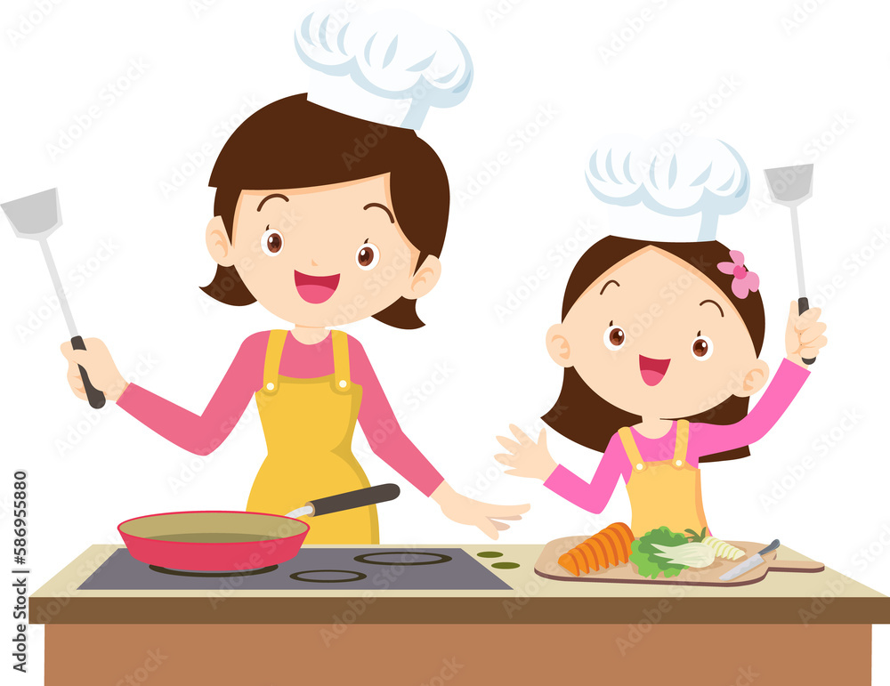Happy family cooking. Mother and father with kids cook dishes in kitchen Happy family cooking. Mother and father with kids cook dishes in kitchen
