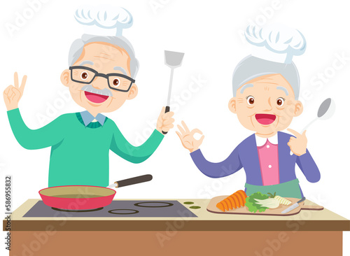 elderly with their granddaughter grandson is cooking. Grandfather and grandmother. Family lunch.