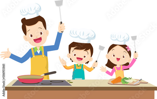 Happy family cooking. Mother and father with kids cook dishes in kitchen