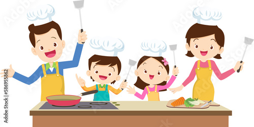 Happy family cooking. Mother and father with kids cook dishes in kitchen