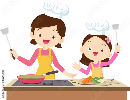 Happy family cooking. Mother and father with kids cook dishes in kitchen