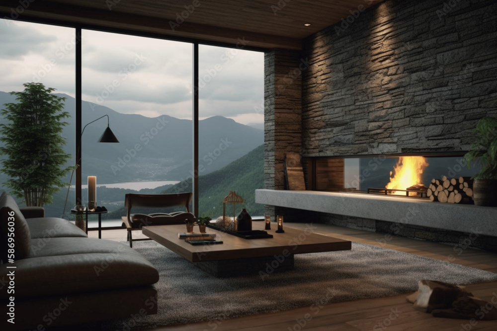 Luxury and modern living room interior, comfortable leather sofa, Luxury lounge, stone wall and fireplace, mountain view, log cabin interior