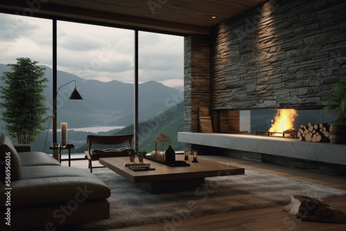 Luxury and modern living room interior, comfortable leather sofa, Luxury lounge, stone wall and fireplace, mountain view, log cabin interior © Gen AI