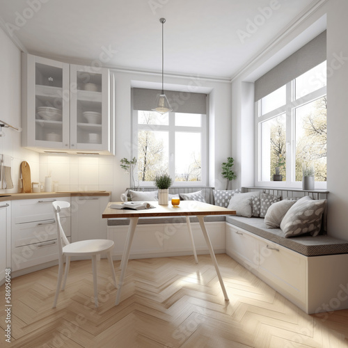 Scandinavian interior style modern studio small apartment in white and light grey colors, furniture in living area and kitchen area, window sofa seating