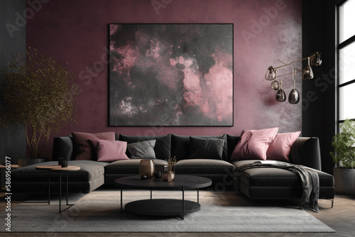Stylish and modern interior, comfortable setting,. Luxury lounge, pink and dark grey black colours 