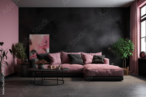 Stylish and modern interior, comfortable setting,. Luxury lounge, pink and dark grey black colours	