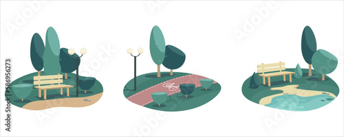 Set of Three Vector Illustrations: Serene Bench by a Lake with Green Surroundings, Bike Path and Path with Lanterns in Spring Summer Season