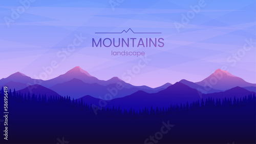 Mountain landscape. The sun illuminates the tops of the mountain ranges. Mountains and trees in the evening twilight. Bright colors of the sky. Vector illustration. Banner, background, cover design.